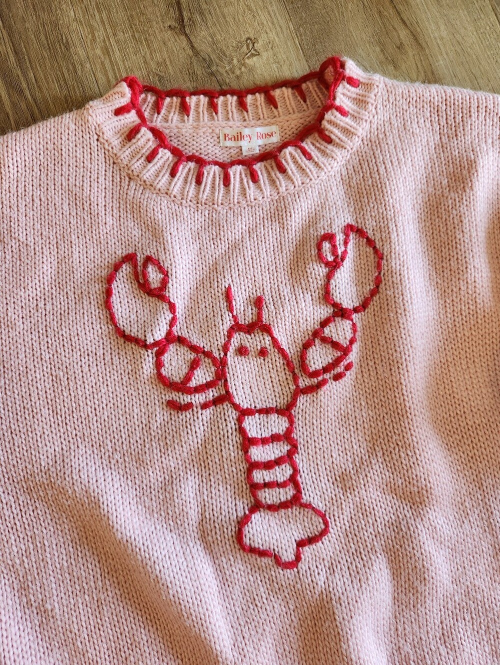 Women's Pink Crewneck Sweater with Red Lobster Embroidery - Picture 3 of 8